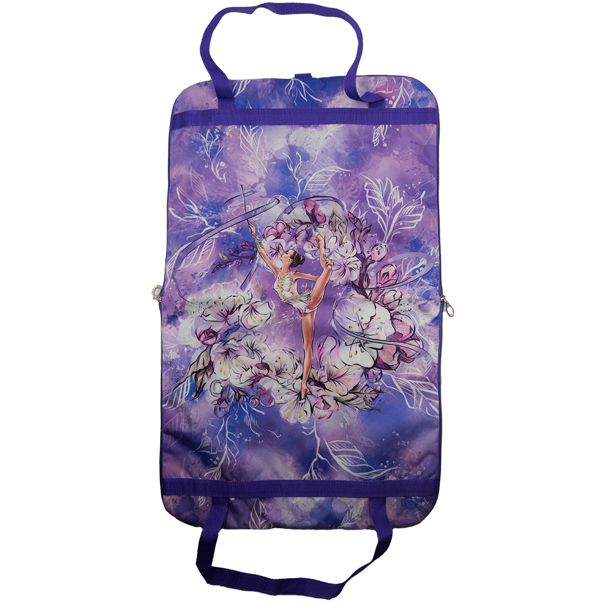 purple holder for leotard with gymnast with a ribbon